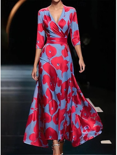  Dames Maxi-jurk Casual jurk Swingjurk A lijn jurk Casual Dagelijks Normale pasvorm Bloemig 3/4 mouw V-hals Wit Champagne Rood Lente Herfst
