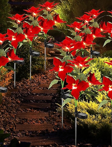  2 stycken soliga Poinsettia-spettljus soliga röda blommor utomhus vattentålig landskapslampa vattentålig festhemträdgårdparkvägdekoration