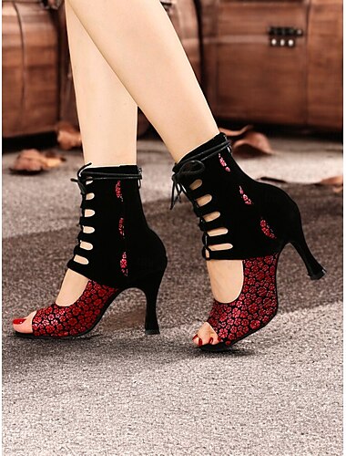  bottes de danse à talons hauts à lacets et bout ouvert pour femmes – motif floral rouge avec découpe noire pour le latin et la salsa