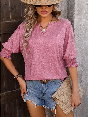  Dames T-shirt Effen Modieus Modern Casual 3/4 mouw Gekerfde nek Normale tops Dagelijks Weekend Blozend Roze Zomer Herfst