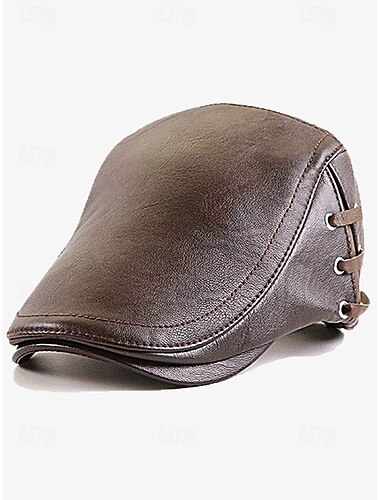  Klassische Ballonmütze aus Kunstleder für Herren – flacher Vintage-Hut aus Ivy-Leder mit seitlichen Schnürdetails für lässige und formelle Looks