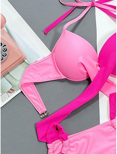  Damen Badeanzug Bikinis 2 Stück Cheeky-Bikinihose Bademode Rückenfrei Schlank Urlaub Strandbekleidung Feste Farbe Halfterhals Ärmellos Badeanzüge