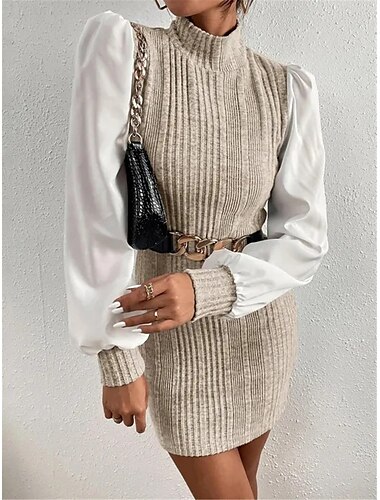  Damen Casual kleid Minikleid Patchwork Brautkleider schlicht Ständer Langarm Braun Beige Farbe