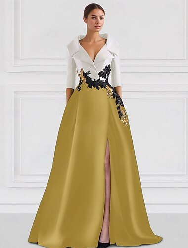  A-Linien Abendkleid Elegantes Kleid Smoking Kleid Formelles Bodenlänge Halber Ärmel Hemdkragen Champagner Brautmutter Kleid Satin mit Schlitz Stickerei Applikationen 2025