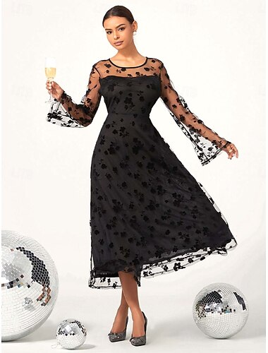  dames cocktail party jurk zwart a-lijn midi lange mouw bloemen kant elegante avondkleding romantisch diner kleding kleding s m l xl xxl