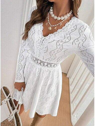  Damen Weißes Kleid Minikleid Spitze Patchwork Brautkleider schlicht V Ausschnitt Langarm Weiß Farbe