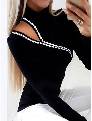  Sudadera de mujer moda casual lisa fiesta casual salir cuello alto patchwork manga larga negro otoño invierno