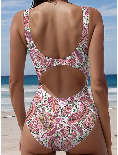  Damen-Badeanzüge Einteiliger Monokini Badeanzug Rückenfrei Bauchkontrolle Hohe Taille Slim Urlaub Strandmode Paisley U-Ausschnitt Ärmellose Badeanzüge