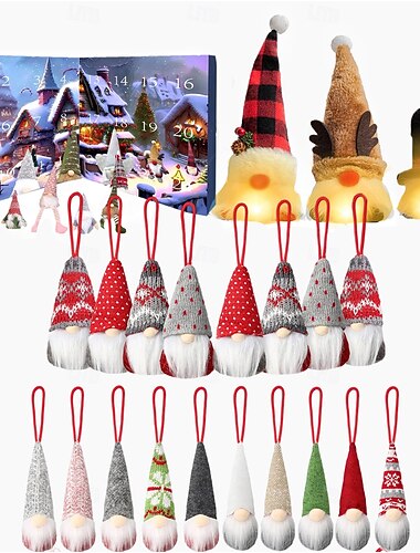  Juleadventskalender med gnomdukkepynt, 24 stk. gnomdekorasjoner (inkluderer 3 stk. opplyste gnomer), nedtelling til jul, juleadventskalender