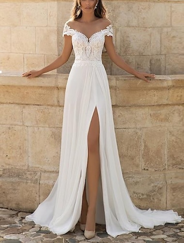  robes de mariée ligne a col en V manches courtes traîne courte robes de mariée en dentelle avec devant fendu 2025