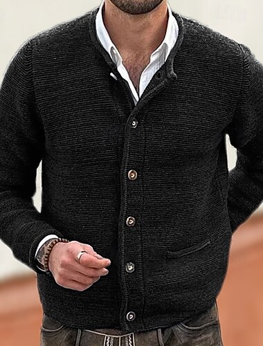  Męskie Sweter Rozpinany Przycięty sweter Sweter z dzianiny Prążkowany Robić na drutach Zwykłe topy Kieszeń Guziki Równina Bez kołnierza Moda Klasyczny Urlop Dzienne zużycie Odzież Jesień Zima Czarny