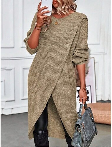  Damen Pullover Pullover Kleid Brautkleider schlicht Weich Einfarbig Gerippt Rundhalsausschnitt Strick Langarm Lange Oberteile Stricken Outdoor Täglich Wochenende Grün Khaki Herbst Winter