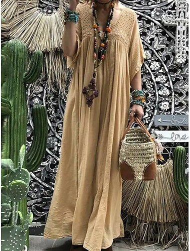  Femmes Noir Bleu Kaki Été Robe maxi Robes inspirées du lin Robe en coton et lin Mode Quotidien Bureau Date Coupe Ample Col en V