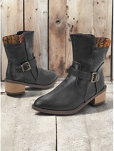  bottes mi-mollet noires pour femmes avec sangles à boucle et revers en tricot coloré – style vintage décontracté à porter au quotidien