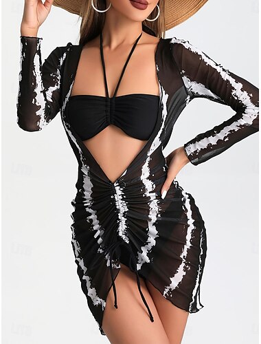  Damen Badeanzug Bikinis Drei Stück Cheeky-Bikinihose Bademode Rückenfrei Schlank Urlaub Strandbekleidung Streifen Halfterhals Ärmellos Badeanzüge