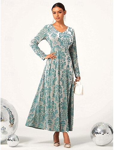  Damen Spitze schwarzes kleid kleid lang Glatt V Ausschnitt Langarm Herbst Winter Grün