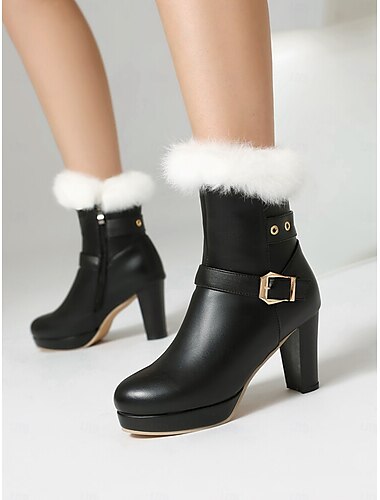  Zwarte enkellaarsjes met platform voor dames, met imitatiebontrand, gespdetail en hoge blokhakken - stijlvolle winterschoenen voor feestjes en vrijetijdskleding
