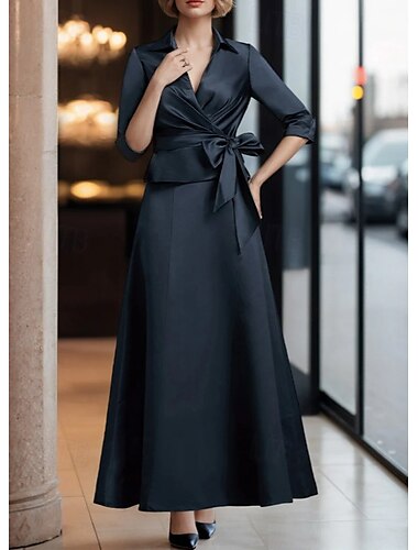  Ensemble deux pièces Robe A-ligne Costume Mère de la Mariée Robe Tuxedo Élégante Simple Encolure en V Longueur cheville Satin Manche 3/4 avec Sangle  Ruban Plis Robe de couleur unie Robe Derby Robe