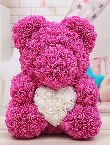  Valentinstagsgeschenke für sie, Rosenbär mit Herz 25/40cm künstlicher Rosenblütenbär, romantisches Geschenk für Valentinstag, Hochzeit, Muttertag und Jahrestag, inklusive transparenter Geschenkbox