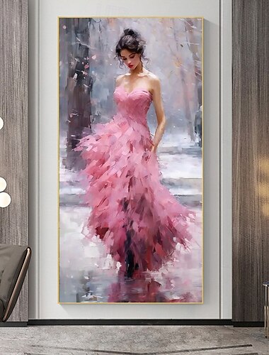  sexy Frau im rosa Hochzeitskleid, handgemaltes Leinwandgemälde, elegante Mode-Wanddekoration als Hochzeitsgeschenk, trendiges Kunstgeschenk für Mädchenzimmer, gerollte Leinwand (ohne Rahmen)