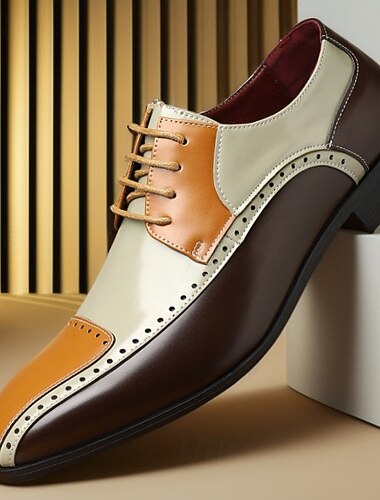  Mehrfarbige Brogue-Oxford-Schuhe für Herren – Design aus Kunstleder in Braun, Beige und Orange mit Flügelkappen-Details, perfekt für formelle und legere Anlässe