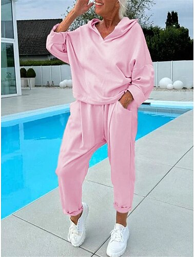  Loungewear-Set für Damen, Kapuzenpullover, Jogginghose, cremefarben, einfarbig, lässig, bequem, für zu Hause, V-Ausschnitt, lange Ärmel, elastische Taille, große Größe, modische Ganzjahresbekleidung