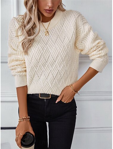  Per donna Felpa Informale Morbido Colore puro A coste Girocollo Lavorato a maglia Manica lunga Top regolari Maglia Esterno Giornaliero Fine settimana Grigio scuro Beige Autunno Inverno