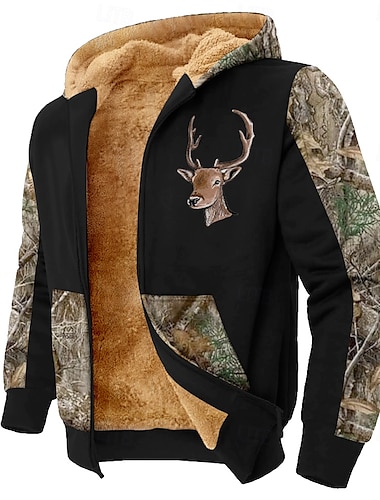  Herr Kamouflage Hjort Fleece Huvtröjor Huvtröja Långärmad Huvtröja Huva Mode 3D-tryck Fest Jakt Svart Brun Snörning Höst Vinter Designer