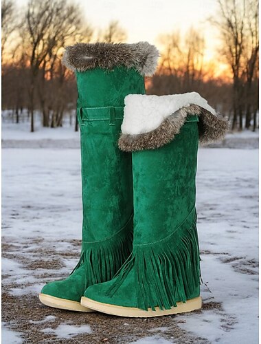  Botas de invierno tipo mocasín de ante verde para mujer con forro de piel y detalle de flecos: cómodas botas de nieve hasta la rodilla para climas fríos