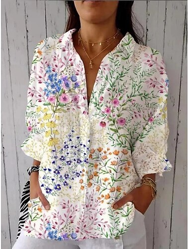  Női Ing Blúz Kollázs Gombok Virágos Alkalmi Háromnegyedes Állógallér Normál felsők Napi Fehér Lóhere Ősz Tél