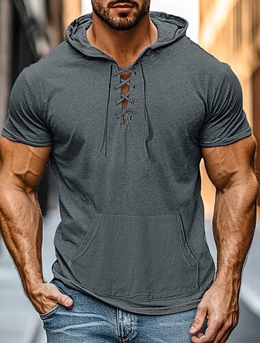  Voor heren Overhemd Henley-shirt Hoodie Sweatshirt Shirt met korte mouwen Korte mouw Capuchon Zomer Lente Effen Kleur Dagelijks Casual Street Style Trekkoord Buiten Straat Urheilu Zwart Wit Licht