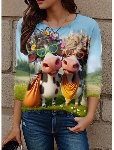  Damen T Shirt Tiermotiv Mode Modern Lässig Langarm Rundhalsausschnitt Normale Oberteile Täglich Wochenende Druck Blau Grün Leicht Blau Herbst Winter