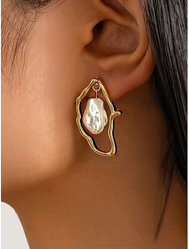  Women's Abstract Gold Drop Earrings with Imitation Pearl Accent - Unique Statement Jewelry for Elegant and Casual Occasions