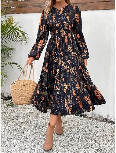  Damen Blumen Rundhals Midikleid Langarm Sommer Frühling