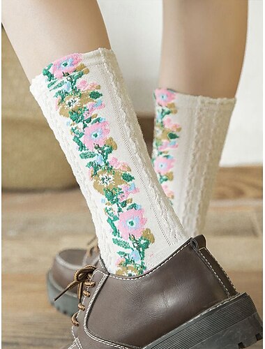  Calcetines de punto con bordados florales vintage para mujer: calcetines cálidos de largo hasta la rodilla de estilo boho, ideales para atuendos casuales y conjuntos de regalo