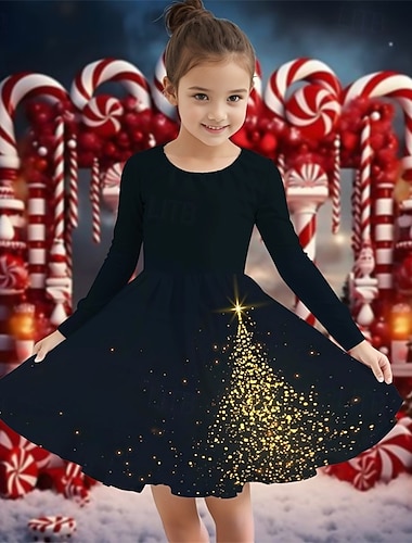  Noël FILLE 3D Graphic Arbre de Noël Robe de Noël Robe manche longue Eté Printemps du quotidien Vacances Magnifique Doux Enfants 4-12 ans Robe casual Robe Trapèze Mi-long Polyester Standard