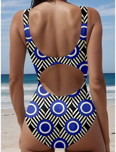  Damen Badeanzüge Einteiler Monokini Badeanzug Rückenfrei Bauchkontrolle Hohe Taille Slim Urlaub Strandmode Geometrischer U-Ausschnitt ärmellose Badeanzüge