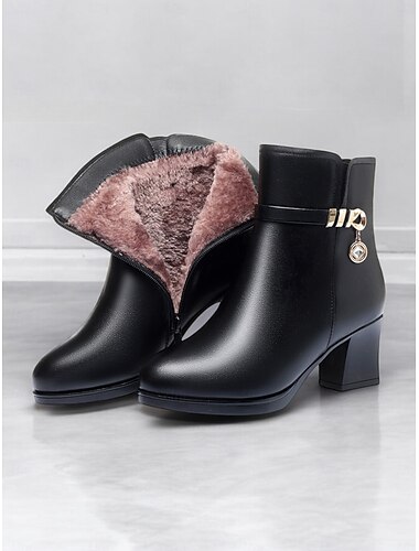  bottines noires pour femmes - similicuir avec doublure en peluche, fermeture éclair latérale et talons blocs pour la mode hivernale et les vêtements décontractés