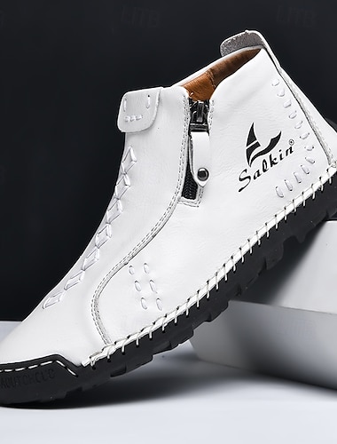  Botines casuales de piel sintética blanca para hombre con cremallera y suela cosida a mano | Calzado de exterior elegante y cómodo