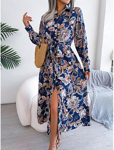  Mujer Vestido maxi Vestido informal Vestido de Columpio Vestido de una línea Vestido bohemio Casual Diario Ajuste regular Floral Manga Larga Cuello Camisero Azul Real Verano Primavera Otoño