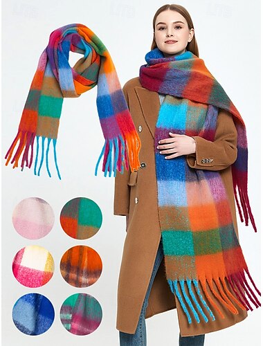  kvinnors färgglada pläd överdimensionerad vinterscarf | mjuk och varm ullliknande sjal med tofsar | trendiga tillbehör för kallt väder för casual och formella outfits