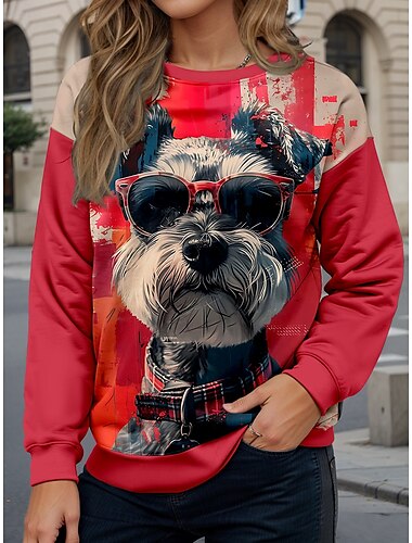  Mujer Perro Casual Manga Larga Cuello Barco Tops regulares Calle Uso Diario Estampado Rojo Otoño Invierno