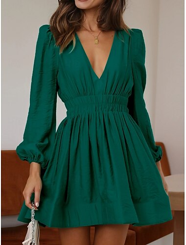  בגדי ריקוד נשים שמלת קז'ואל שמלת מיני Ruched יום יומי צווארון V שרוול ארוך שחור תלתן משמש צבע