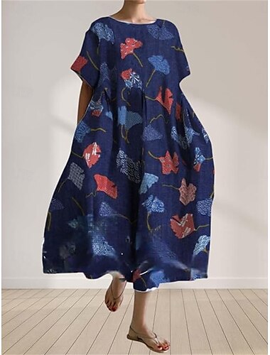  Mulheres Vestido Longo Vestidos inspirados em linho Vestido casual Vestido Swing Casual Diário Normal Floral Manga Longa Gola Redonda Azul Marinha Azul Verde Primavera Outono