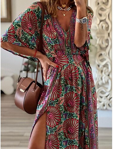  Dames Maxi-jurk Casual jurk Swingjurk A lijn jurk Boho-jurk Casual Dagelijks Normale pasvorm Bloemig Halve mouw V-hals Fuchsia Zomer Lente Herfst
