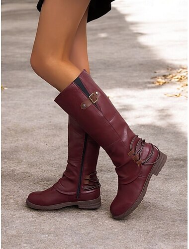  Schwarze kniehohe Reitstiefel für Damen mit braunen Schnallenakzenten – stylische, lässige Outdoor-Stiefel, bequemes Design mit niedrigem Absatz für Herbst und Winter