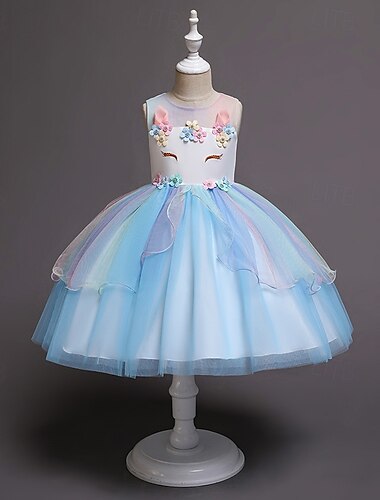  Flower Girl Dress Kid's Girls' Princess Dress Performance Wedding Party Elegant Beautiful Mesh Floral Sleeveless Crew Neck Pink Blue 4 years+