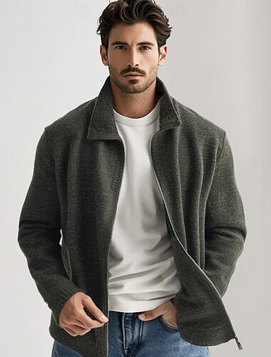  Herr Cardigan Tröja Blixtlåströja Sticka Dragkedja Ensfärgat Peter Pan krage Stickat Elegant Träning Jul Kläder Höst Vinter Militärgrön Svart S M L