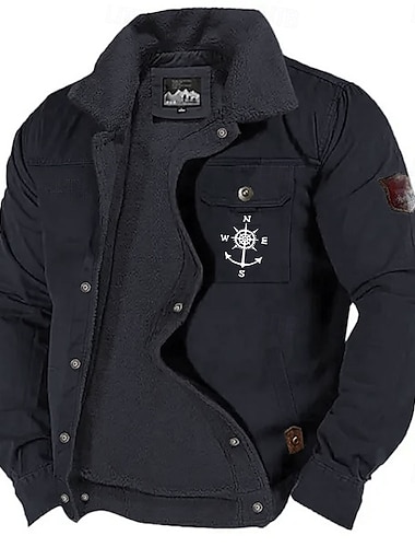  Per uomo Nautico Bussola Cappotto Invernale Giacca in Pile Giacca Sherpa Tattico Vintage Casual Quotidiano Uscire Ricamato Inverno Collo ripiegato Manica Lunga Kaki Verde militare Blu scuro