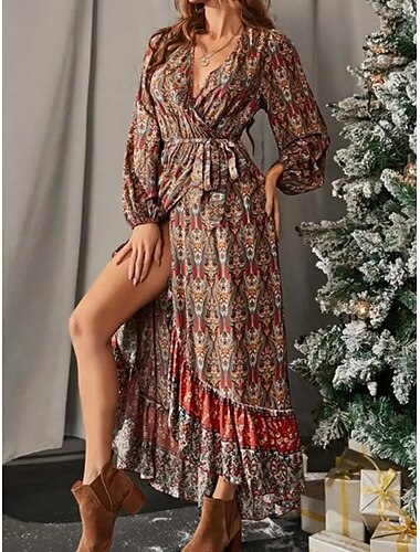  Naisten Maksimekko Rento mekko Kellomekko A linjainen mekko Boho-mekko Vapaa-aika Päivittäin Normaali Kukka Pitkähihainen V kaula-aukko Ruskea Kesä Kevät Syksy